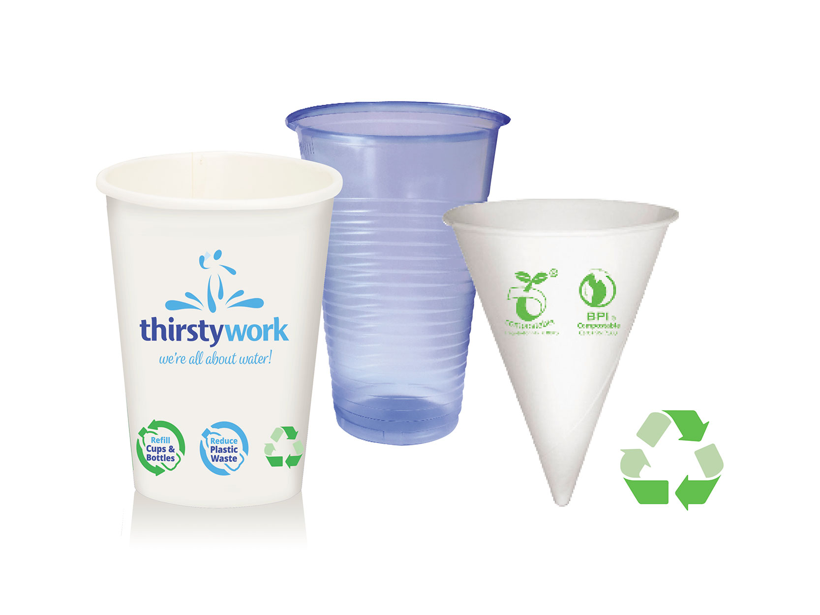 Recyclable cold water drinking cups for event use on-set and on-site