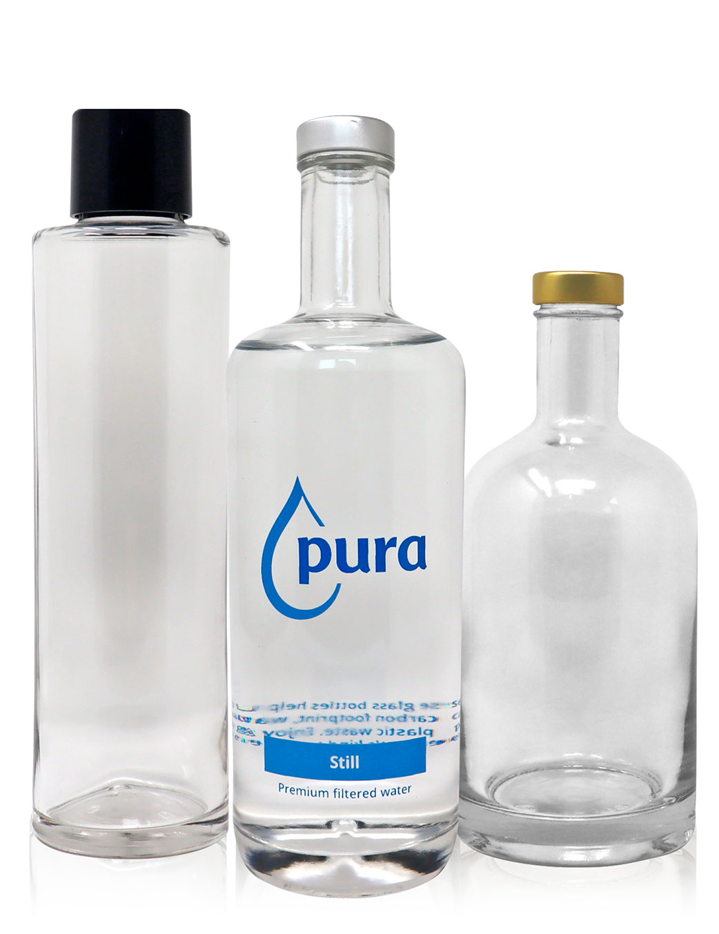 Branded glass bottles with caps for hospitality and catering